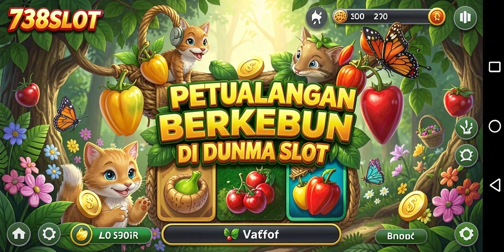 Screenshot gameplay <strong>738SLOT</strong> yang menampilkan kebun yang indah dan mesin slot menarik.