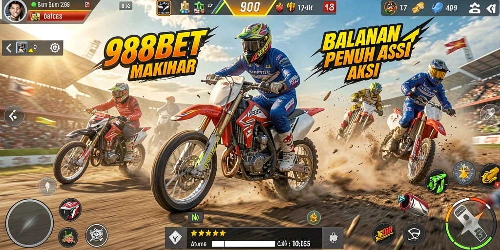 Screenshot gameplay 988BET menampilkan aksi balapan motor yang mendebarkan.