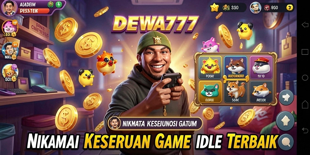 Screenshot utama DEWA777 menampilkan karakter dalam aksi Idle yang mengumpulkan sumber daya.