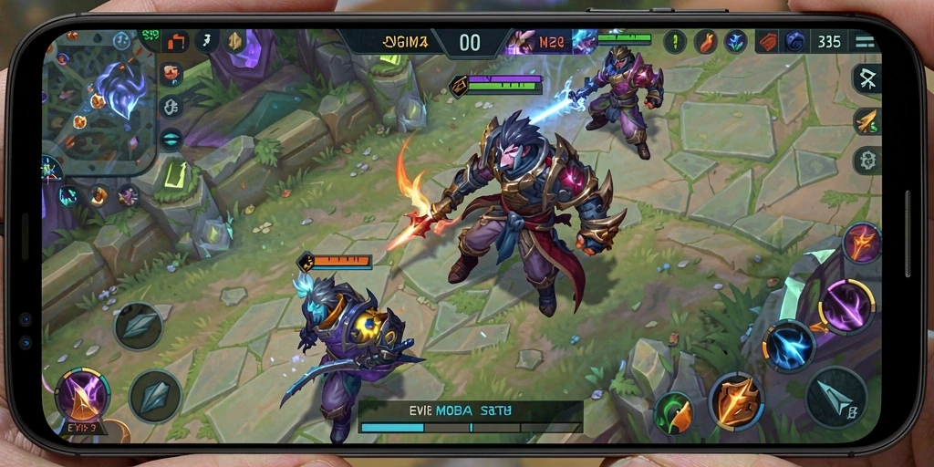Screenshot gameplay EVIP3 menampilkan aksi seru di arena MOBA.