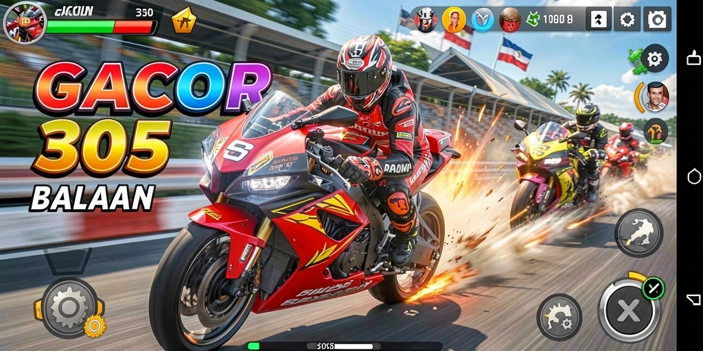 Screenshot dari gameplay GACOR305 menampilkan balapan motor yang mendebarkan.