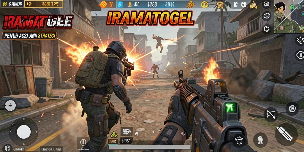 Tampilan gameplay <strong>IRAMATOGEL</strong> yang menegangkan dalam aksi tembak-menembak.
