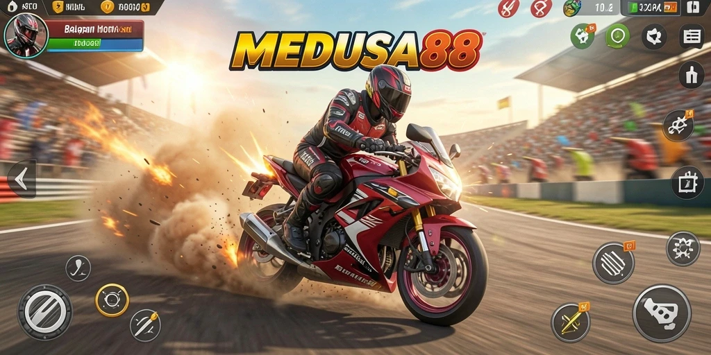 Tampilan gameplay balapan motor yang seru dan menegangkan di MEDUSA88.