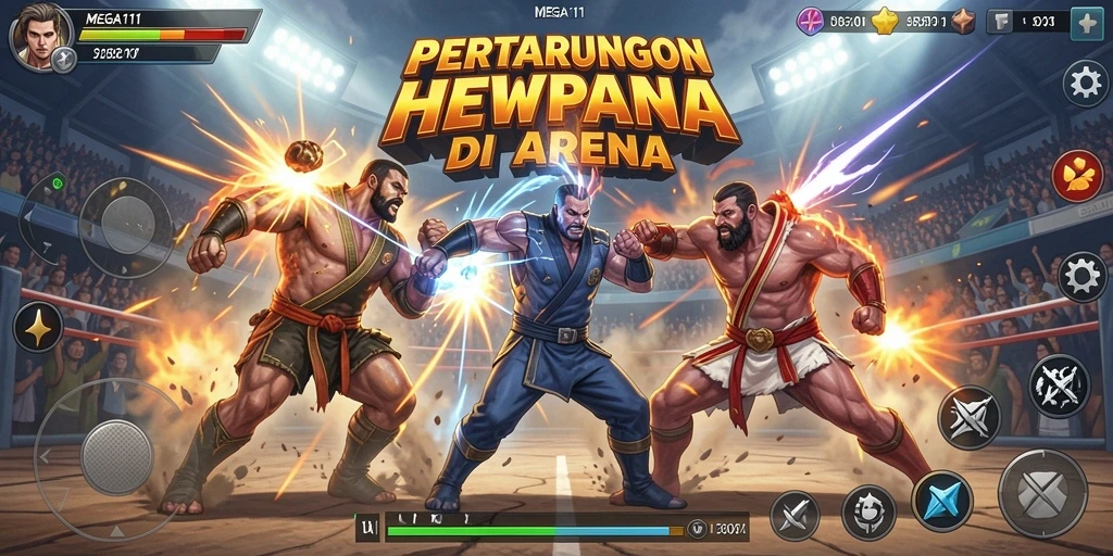 Screenshot gameplay MEGA111 menampilkan aksi pertarungan yang mendebarkan.