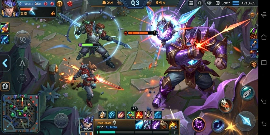 Screenshot gameplay <strong>QQRP</strong> menunjukkan aksi pertempuran MOBA yang seru dan dinamis.