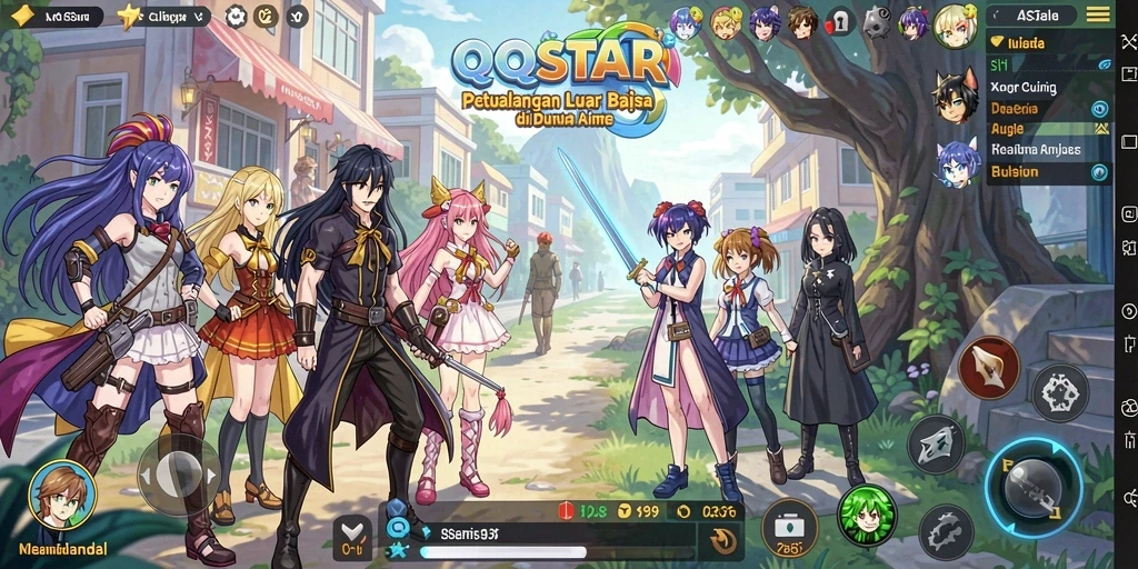 Tampilan gameplay <strong>QQSTAR</strong> yang penuh warna dan karakter anime yang menarik.