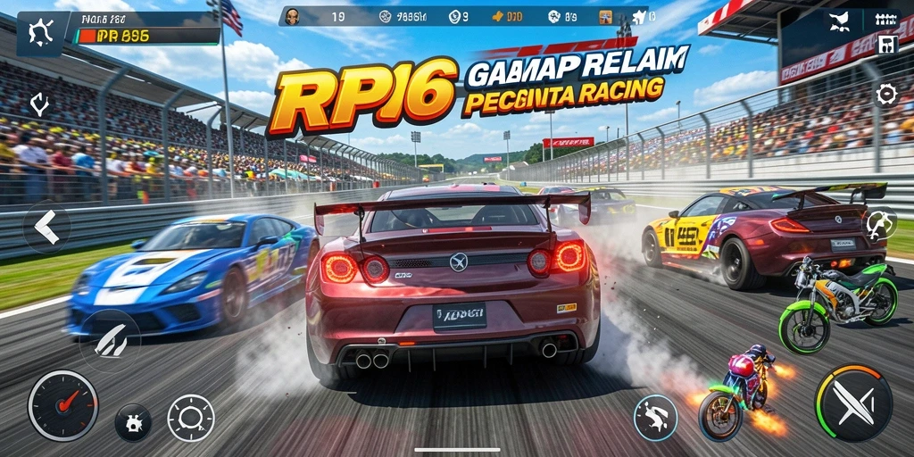 Screenshot gameplay RP66 menunjukkan aksi balap yang mendebarkan.