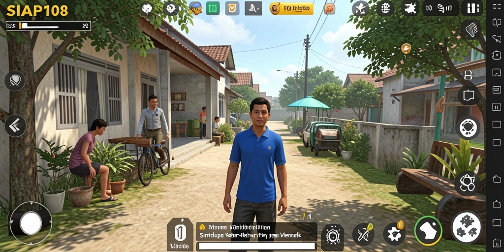 Tampilan gameplay SIAP108 yang menunjukkan interaksi karakter dalam simulasi kehidupan.